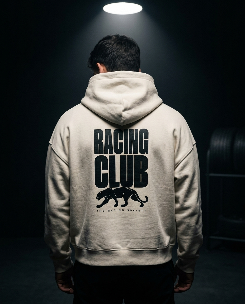 Midnight Racing Club box hoodie — on-model back print, The Racing Society