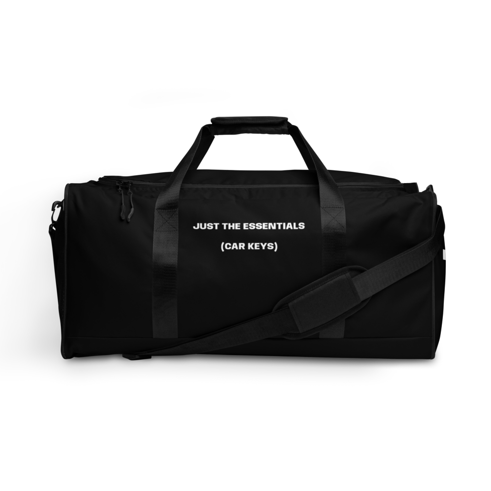 Just the Essentials (Car Keys) black duffle bag with white statement print — The Racing Society