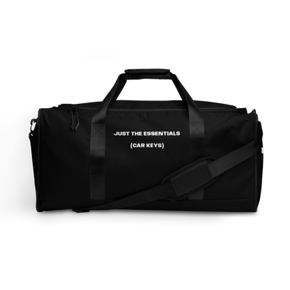Just the Essentials (Car Keys) black duffle bag with white statement print — The Racing Society