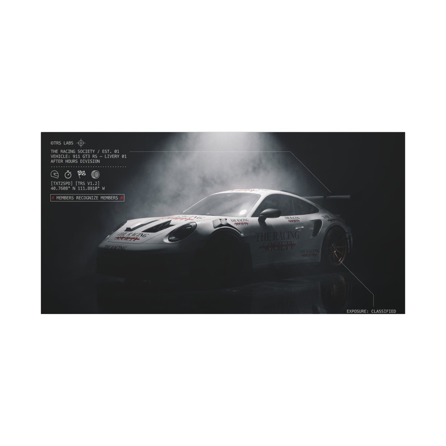 Porsche GT3 race car emerging through mist — matte stretched canvas motorsport wall art by The Racing Society