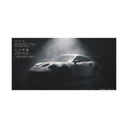 Porsche GT3 race car emerging through mist — matte stretched canvas motorsport wall art by The Racing Society
