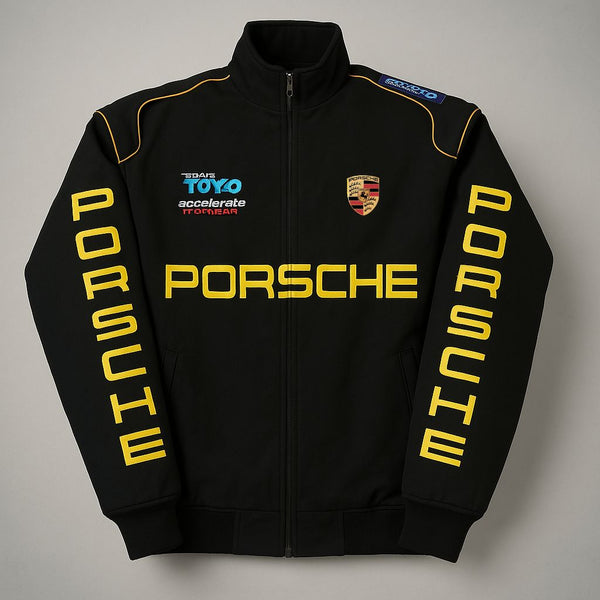 Porsche Racing Jacket front side with yellow text and logos, featuring a front zipper and pockets.