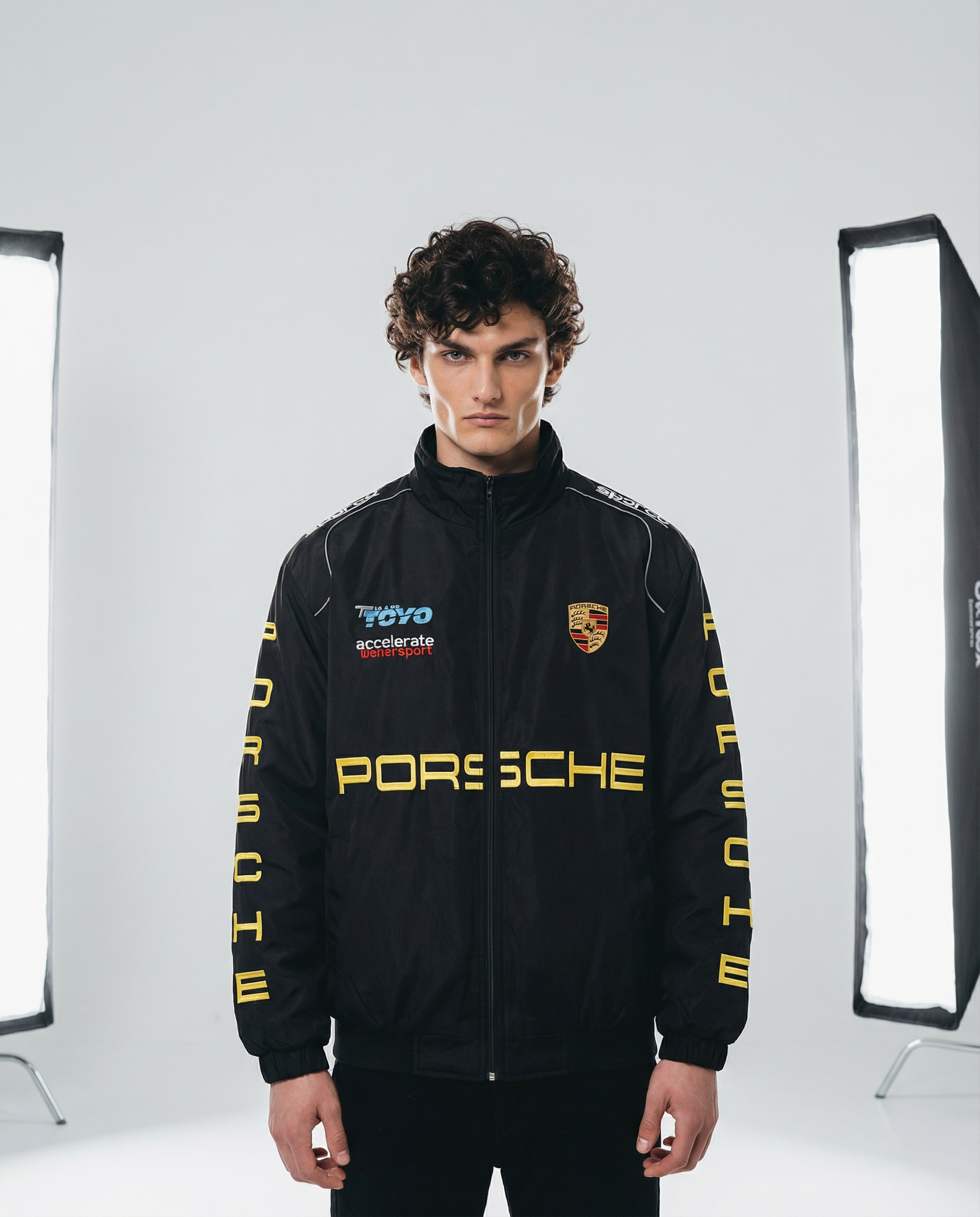 Person wearing a black Porsche jacket with logos in a studio setting. Front view of Porsche Racing Jacket showing relaxed fit, full zip closure, and bold branding
