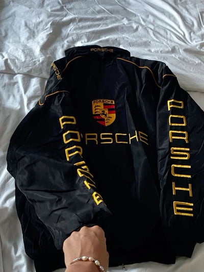 Porsche Racing Jacket backside with yellow text and logos, featuring a Porsche Logo