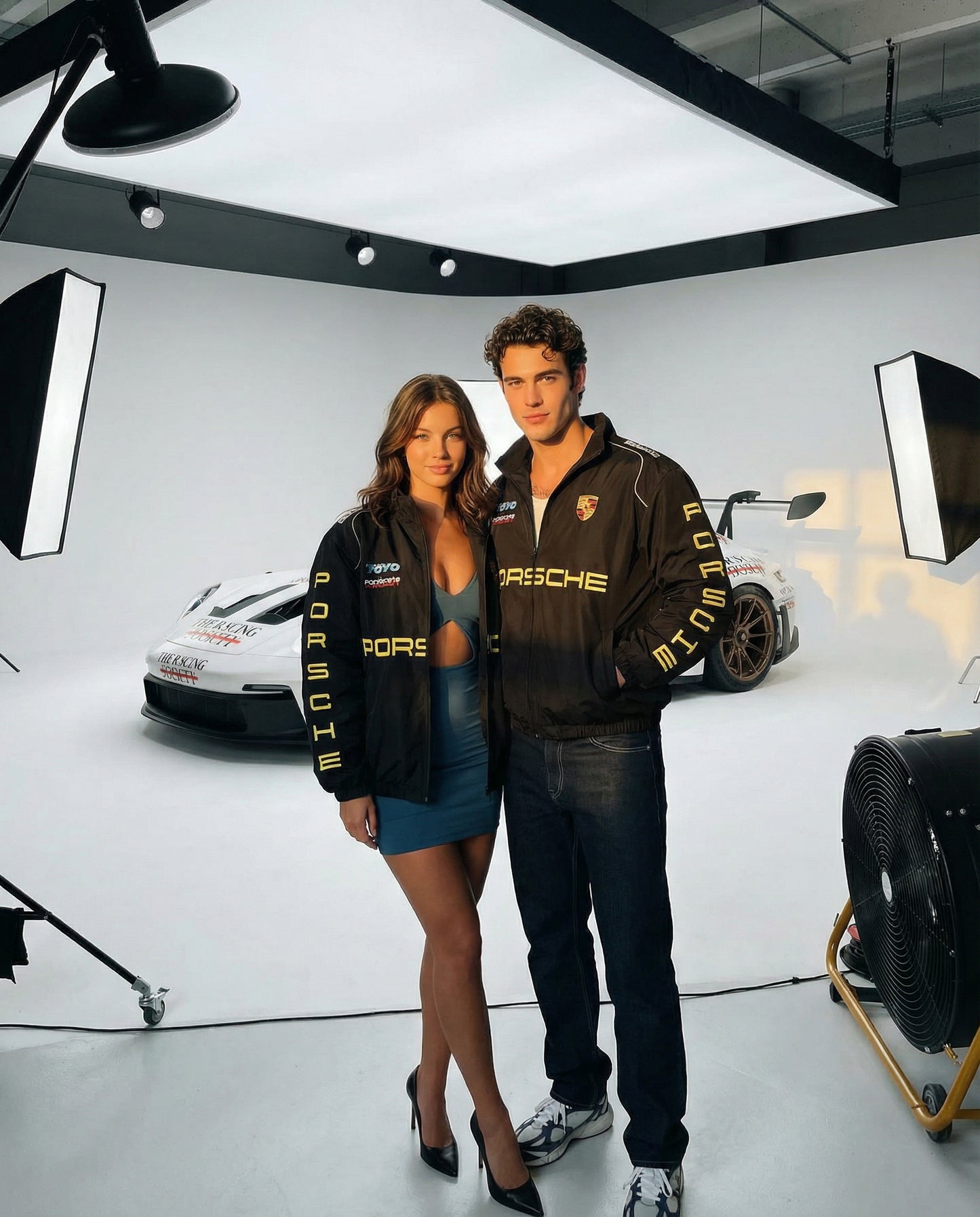 Two models in Porsche jackets standing in a studio with a car in the background. Male and female models wearing Porsche Racing Jacket in modern studio environment
