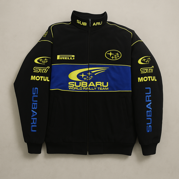 Subaru World Rally Team Vintage Racing Jacket – black with yellow and blue detailing, retro motorsport style shown front and back.