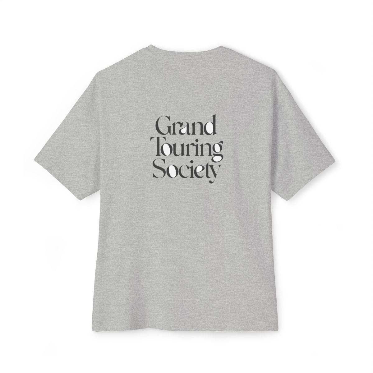 Grand Touring Society oversized boxy tee — back print, Athletic Heather