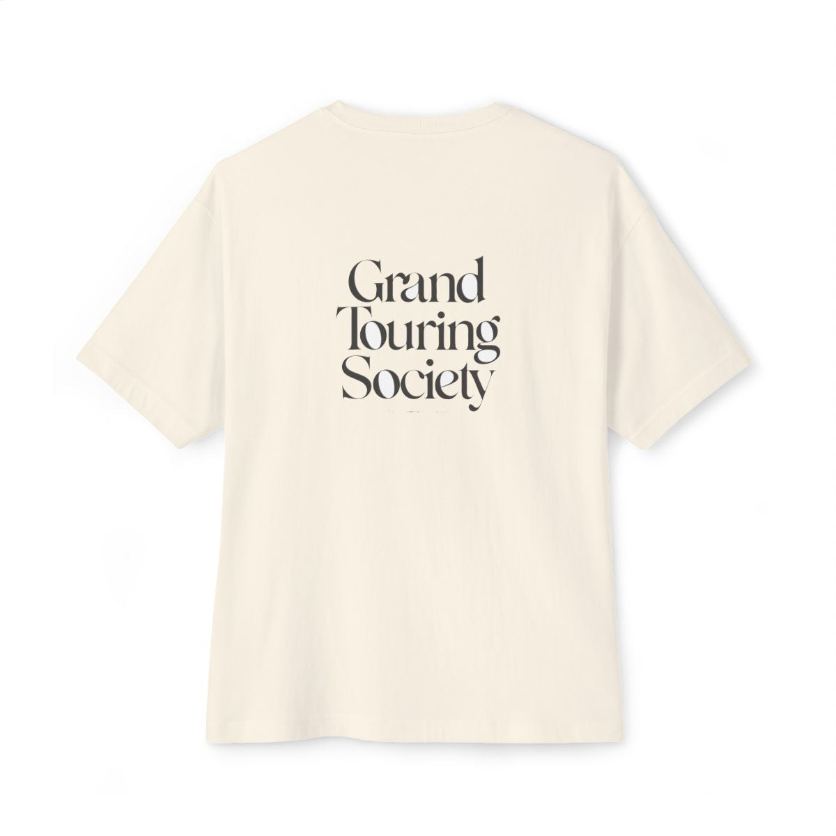 Grand Touring Society oversized boxy tee — back print, Natural