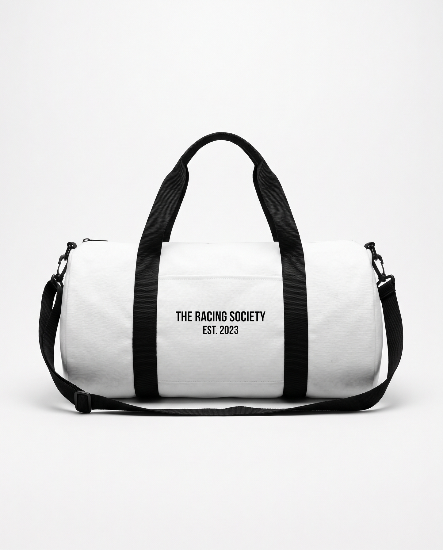Wordmark white duffle bag — studio hero