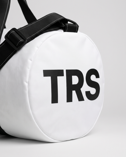 Wordmark white duffle — TRS end cap detail