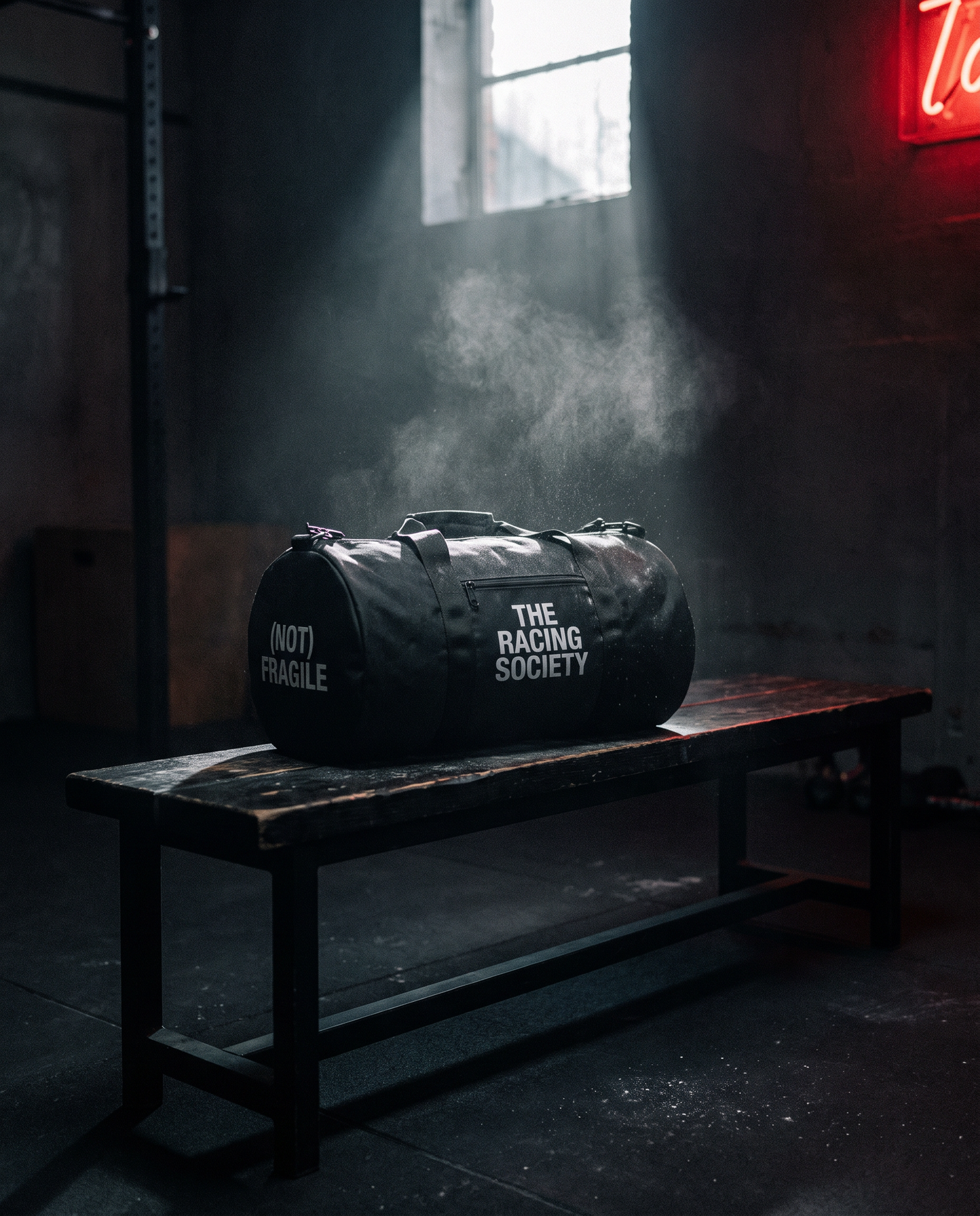 Wordmark gym bag on gym bench — night lifestyle