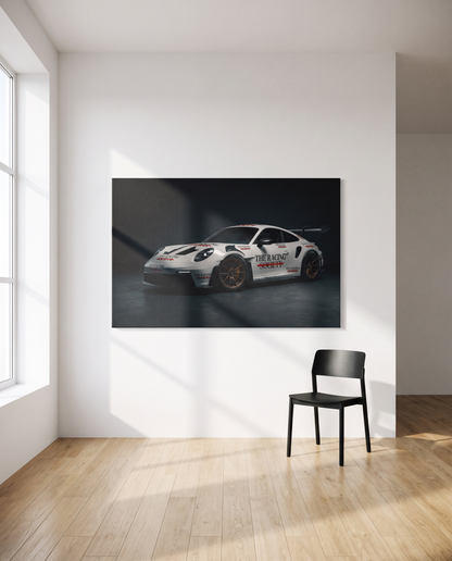 Racing Porsche GT3 canvas print in bright minimal room