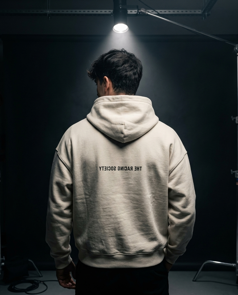 Reversed Wordmark box hoodie — on-model back print, The Racing Society