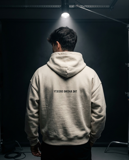 Reversed Wordmark box hoodie — on-model back print, The Racing Society