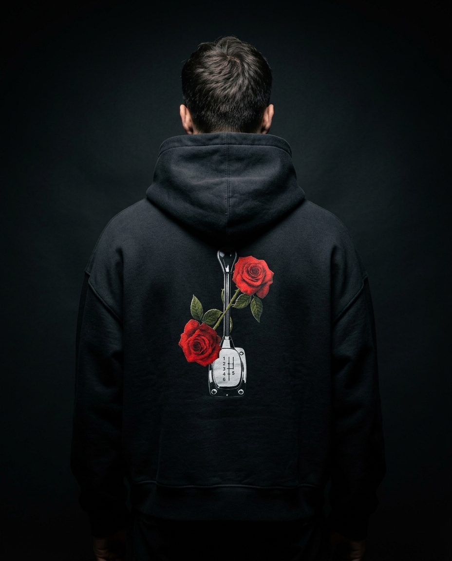 Roses & Redline box hoodie — on-model back print, The Racing Society