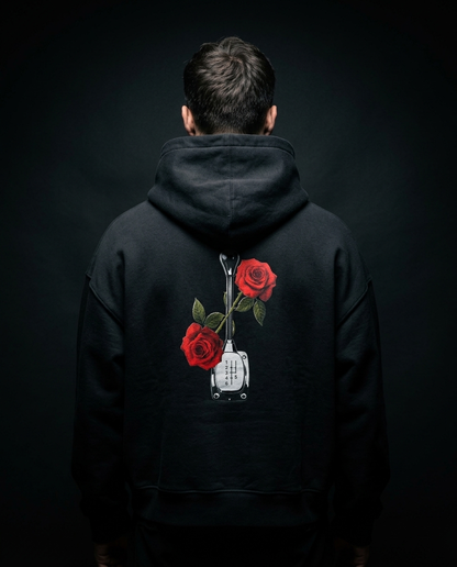 Roses & Redline box hoodie — on-model back print, The Racing Society