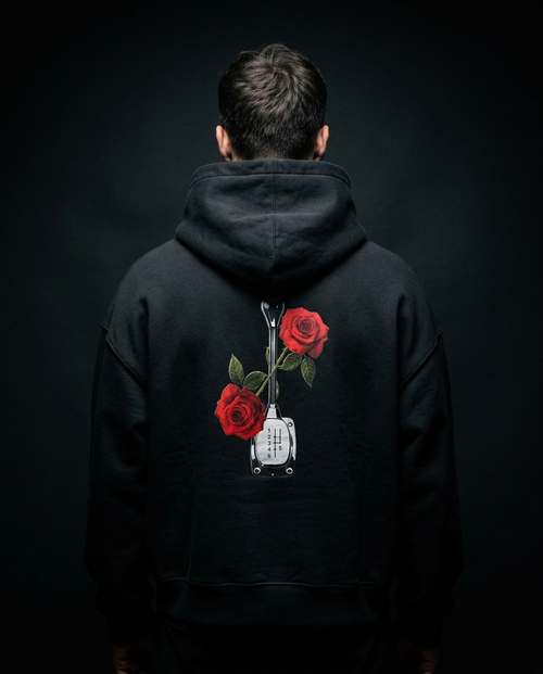 Roses & Redline box hoodie — on-model back print, The Racing Society
