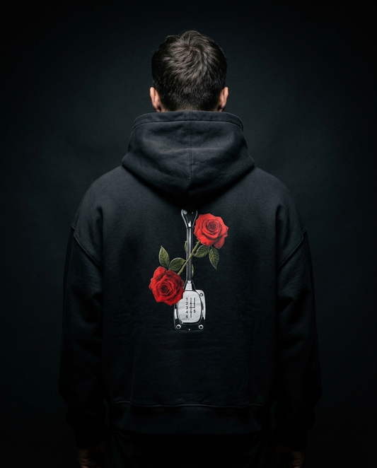 Roses & Redline box hoodie — on-model back print, The Racing Society