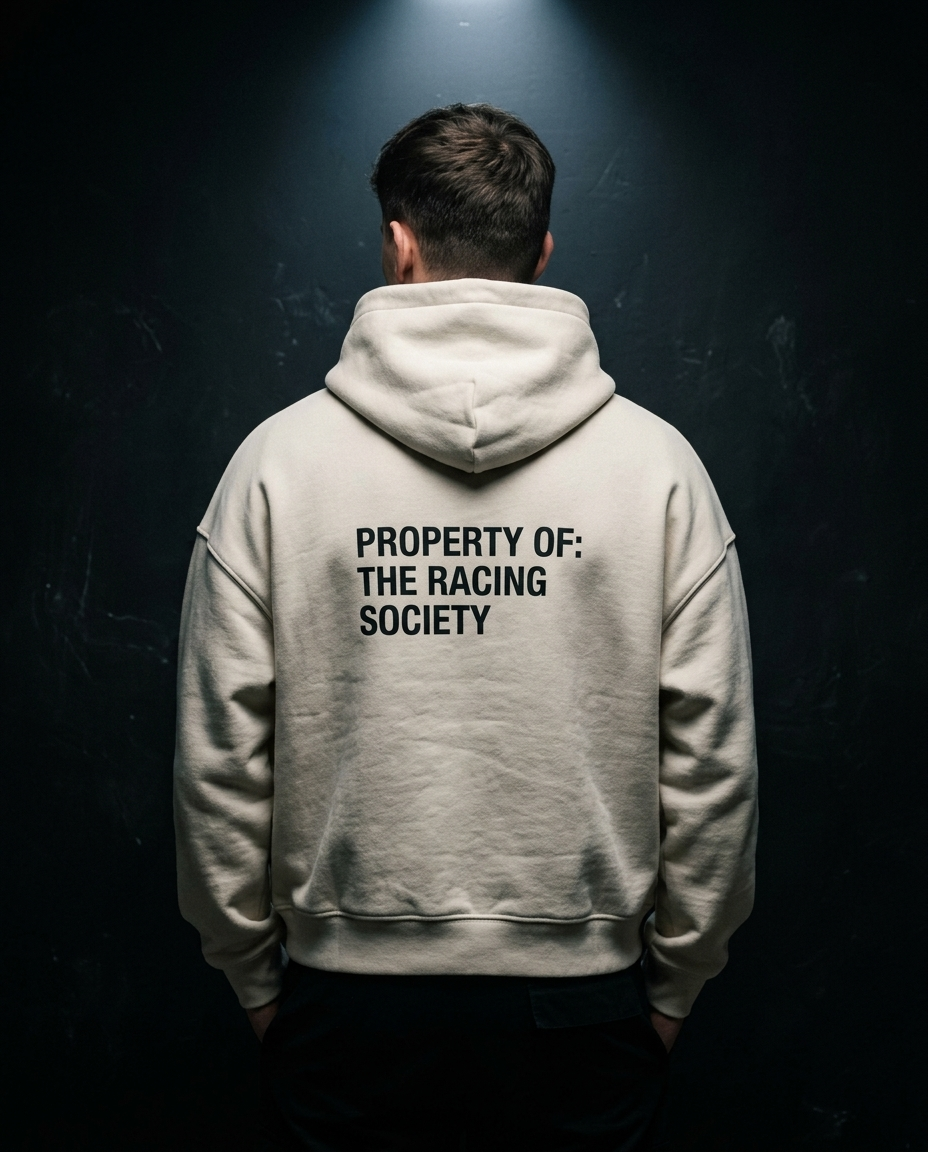 Property Of box hoodie — on-model back print, The Racing Society