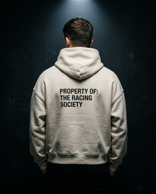 Property Of box hoodie — on-model back print, The Racing Society