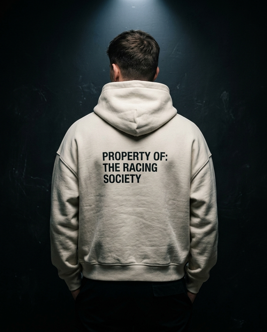 Property Of box hoodie — on-model back print, The Racing Society