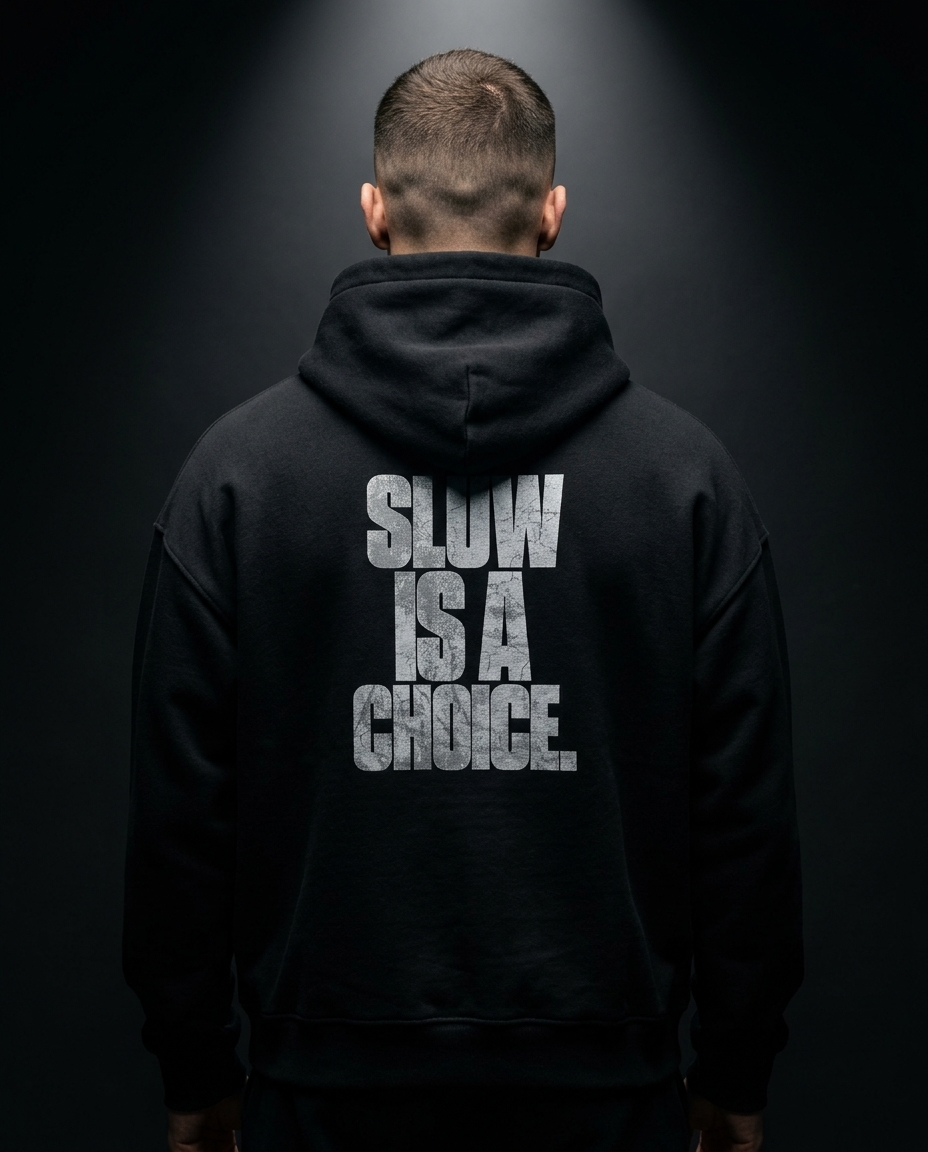 Slow Is A Choice box hoodie — on-model back print, The Racing Society