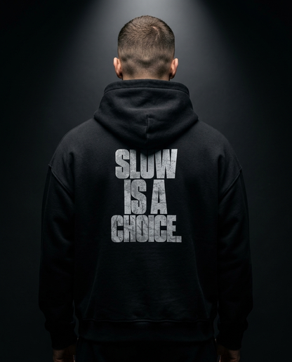 Slow Is A Choice box hoodie — on-model back print, The Racing Society