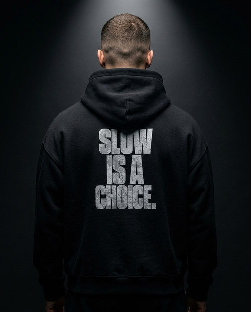 Slow Is A Choice box hoodie — on-model back print, The Racing Society
