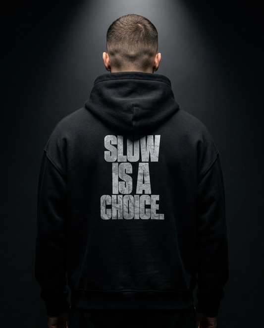 Slow Is A Choice box hoodie — on-model back print, The Racing Society