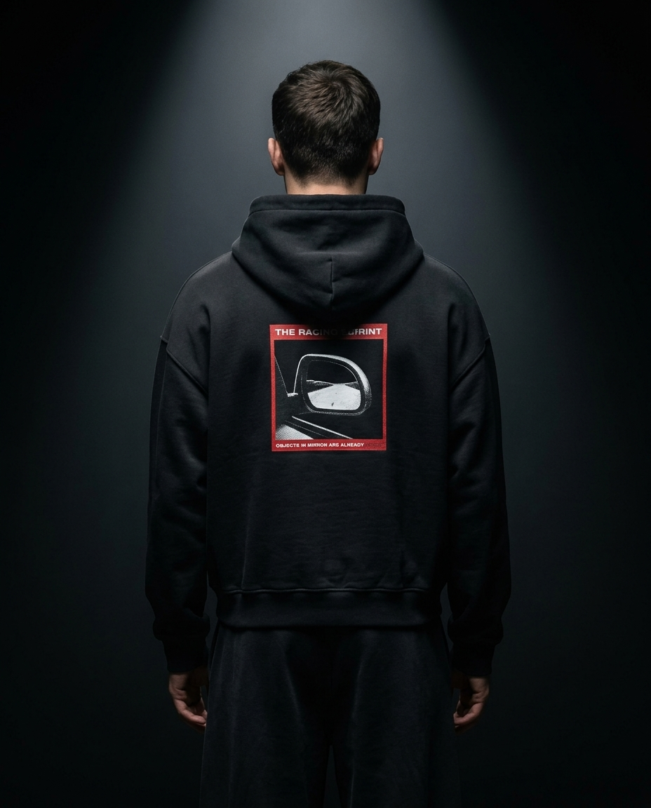 Objects In Mirror box hoodie — on-model back print, The Racing Society
