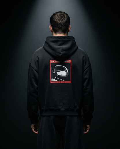 Objects In Mirror box hoodie — on-model back print, The Racing Society