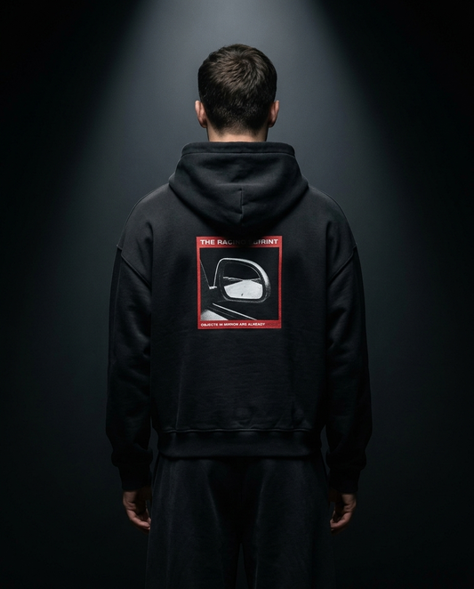 Objects In Mirror box hoodie — on-model back print, The Racing Society