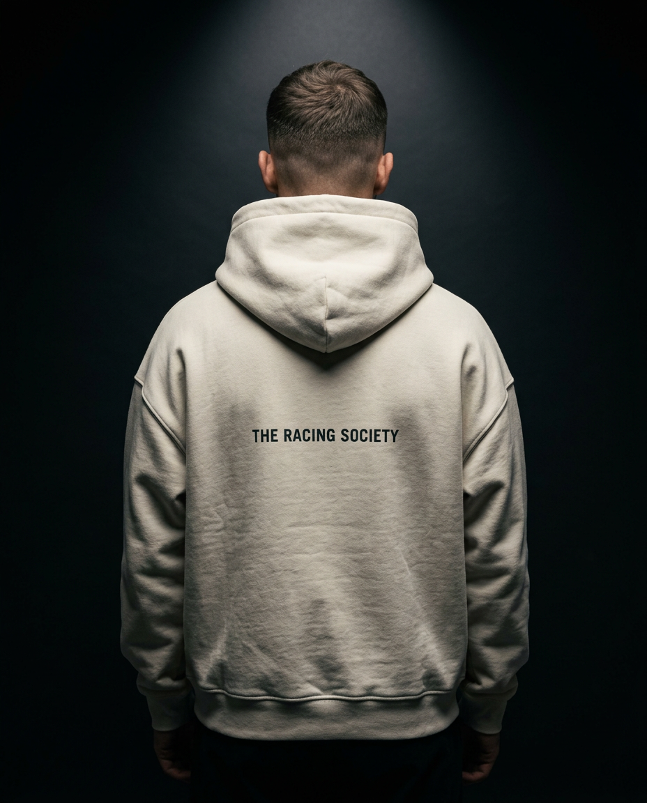 Racing Society Wordmark box hoodie — on-model back print, The Racing Society