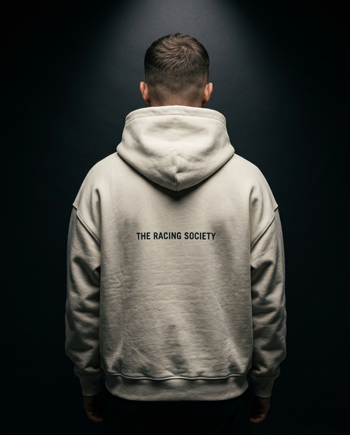 Racing Society Wordmark box hoodie — on-model back print, The Racing Society
