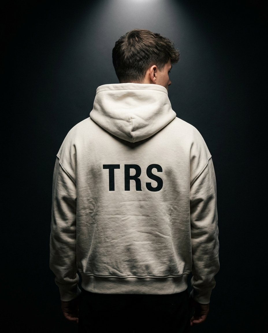 TRS Monogram box hoodie — on-model back print, The Racing Society
