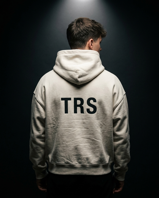 TRS Monogram box hoodie — on-model back print, The Racing Society