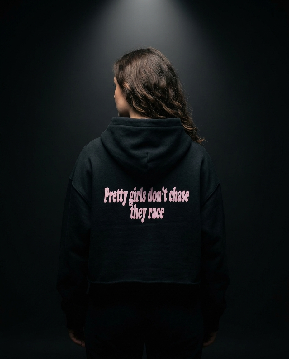 Pretty Girls Don't Chase They Race box hoodie — on-model back print, The Racing Society