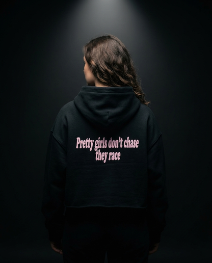 Pretty Girls Don't Chase They Race box hoodie — on-model back print, The Racing Society