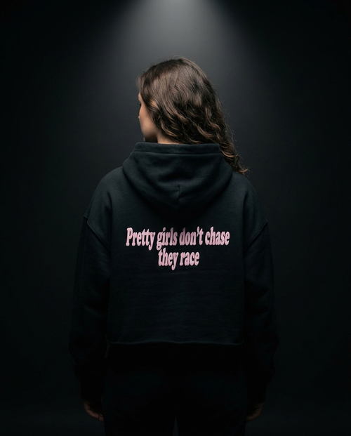 Pretty Girls Don't Chase They Race box hoodie — on-model back print, The Racing Society