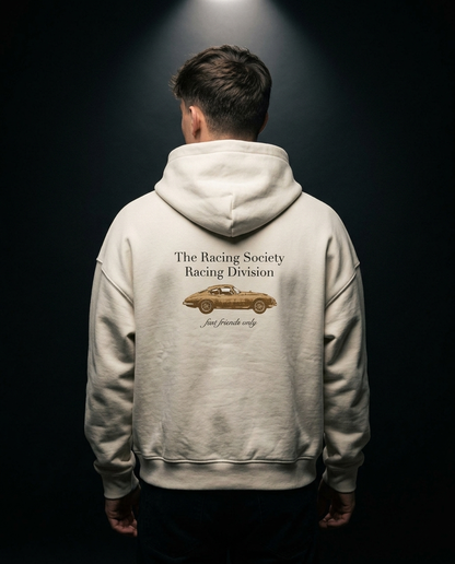 Racing Division box hoodie — on-model back print, The Racing Society