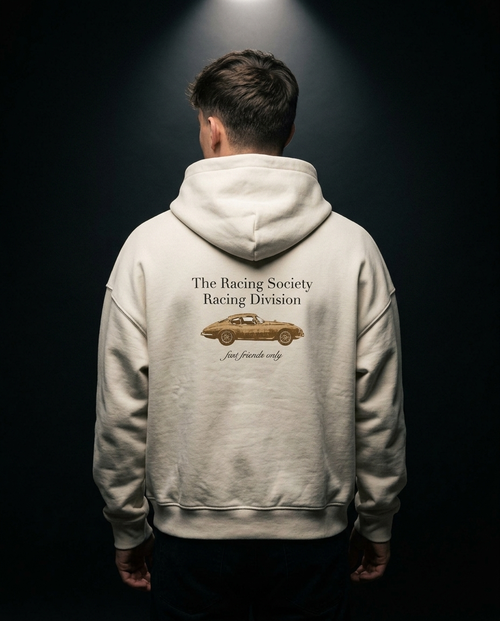 Racing Division box hoodie — on-model back print, The Racing Society