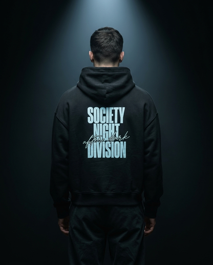 Society Night Division box hoodie — on-model back print, The Racing Society