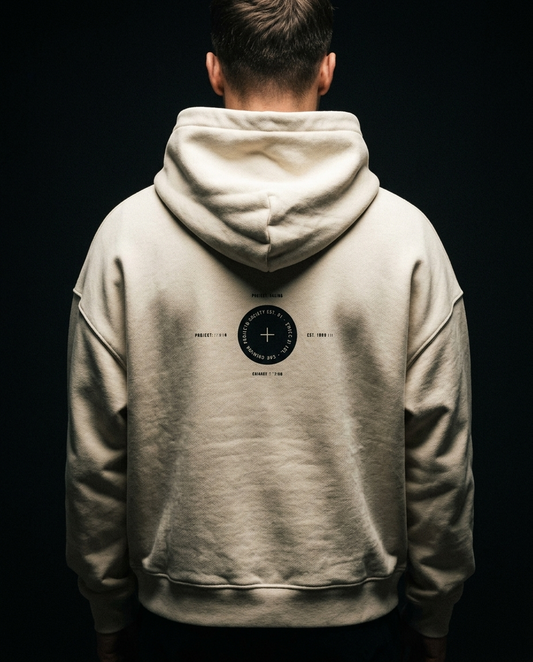Starve The Doubt box hoodie — on-model back print, The Racing Society