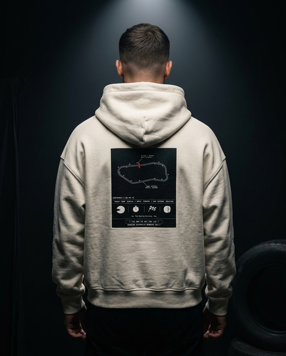 The Map Is Not The Lap box hoodie — on-model back print, The Racing Society
