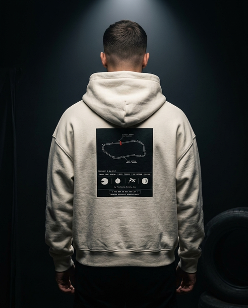 The Map Is Not The Lap box hoodie — on-model back print, The Racing Society