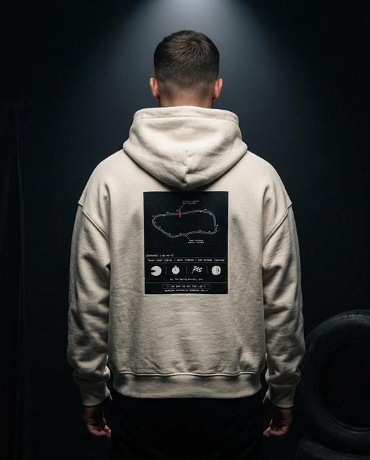 The Map Is Not The Lap box hoodie — on-model back print, The Racing Society