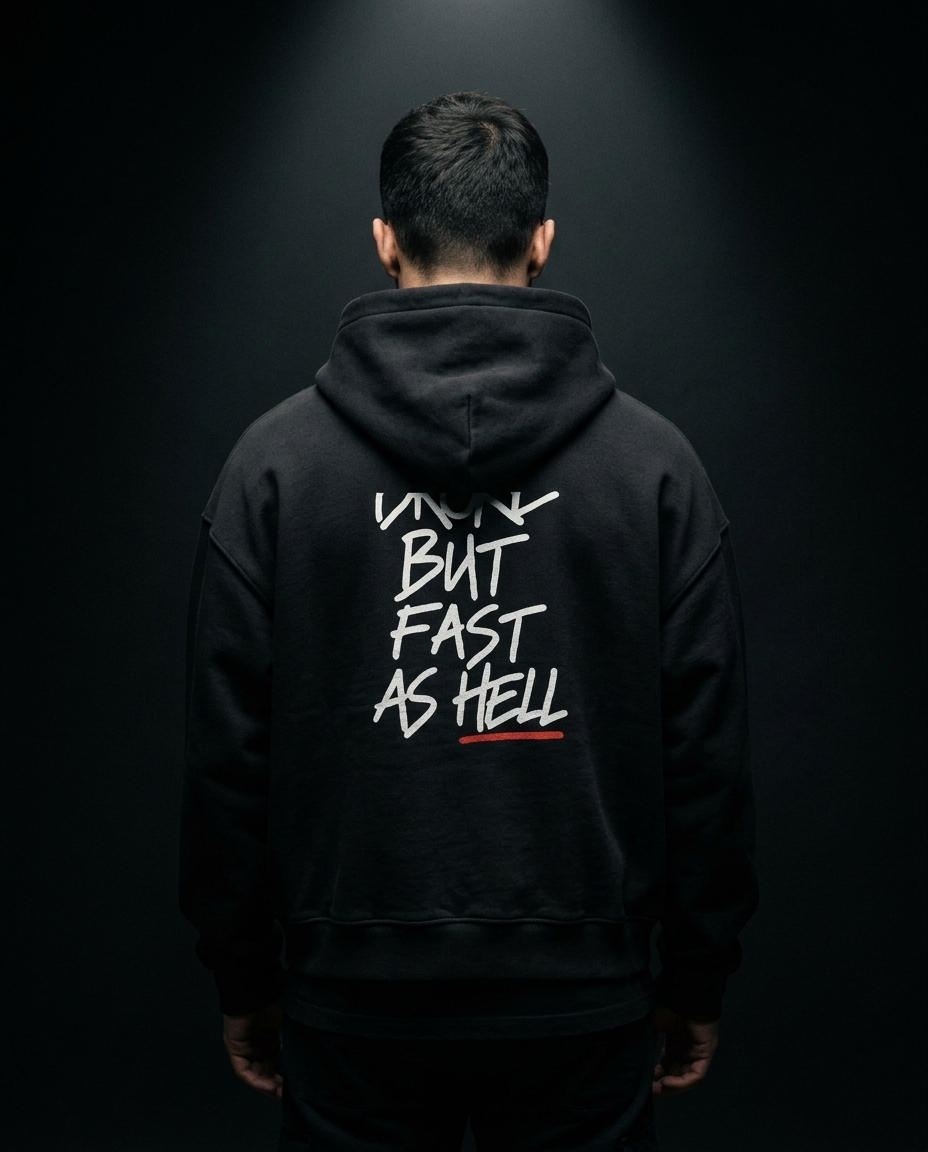 Broke But Fast As Hell box hoodie — on-model back print, The Racing Society