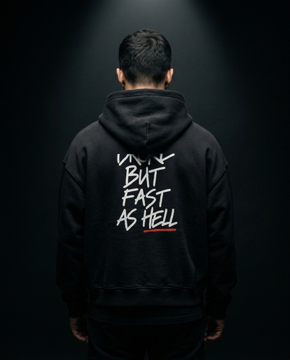 Broke But Fast As Hell box hoodie — on-model back print, The Racing Society