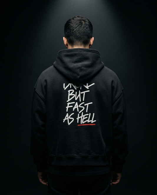 Broke But Fast As Hell box hoodie — on-model back print, The Racing Society
