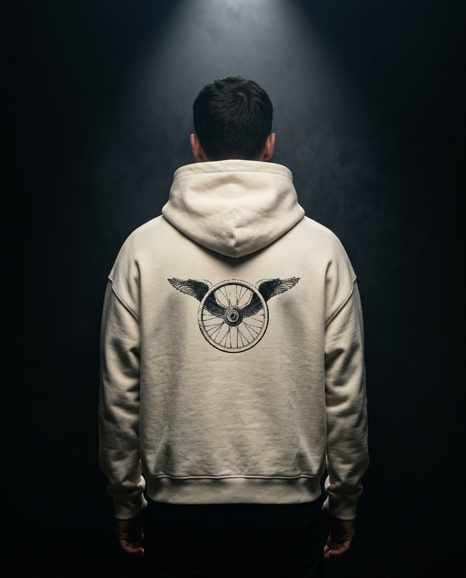Winged Wheel box hoodie — on-model back print, The Racing Society